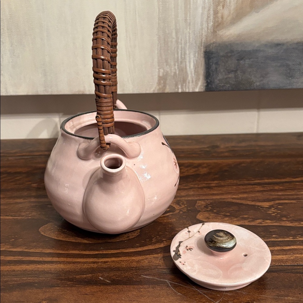 Vintage Sousaku Japan Ceramic Pink Teapot Cherry Blossoms Bamboo Handle - Picture 5 of 8